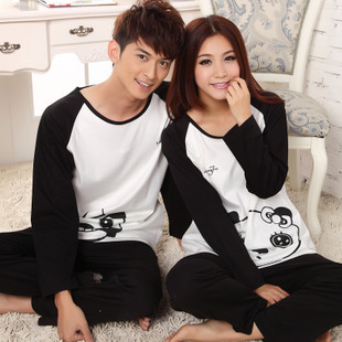 Lovers sleepwear knitted cotton long-sleeve o-neck sleepwear lounge set