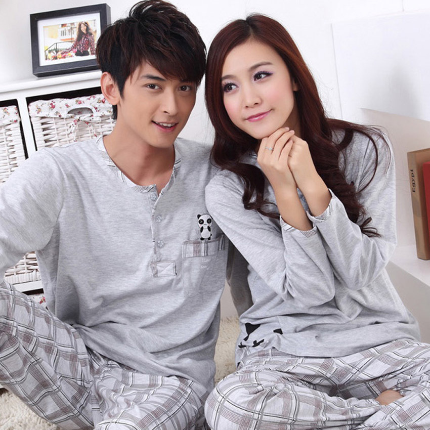 Lovers sleepwear long-sleeve spring and autumn knitted 100% cotton men's lounge women's set