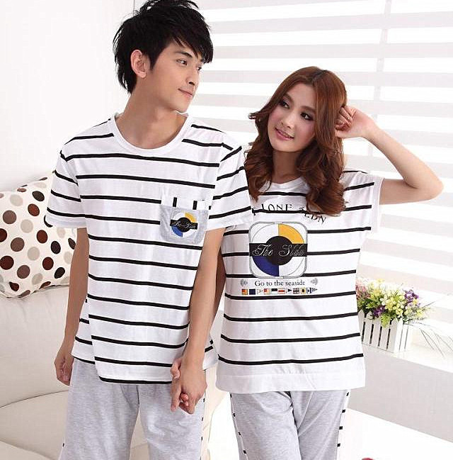 Lovers sleepwear male women's 100% cotton short-sleeve summer sleepwear female lounge set