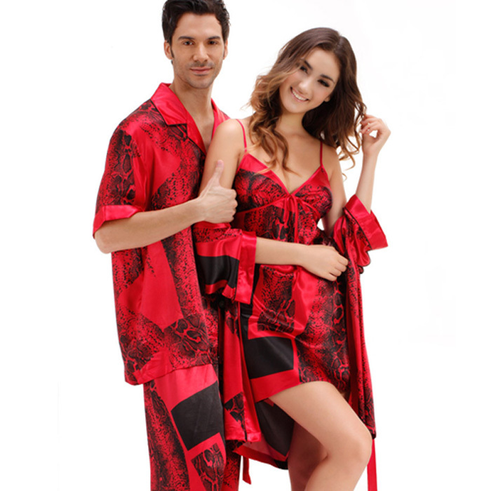 Lovers sleepwear silk sexy sleepwear spaghetti strap nightgown robe twinset marry red lounge