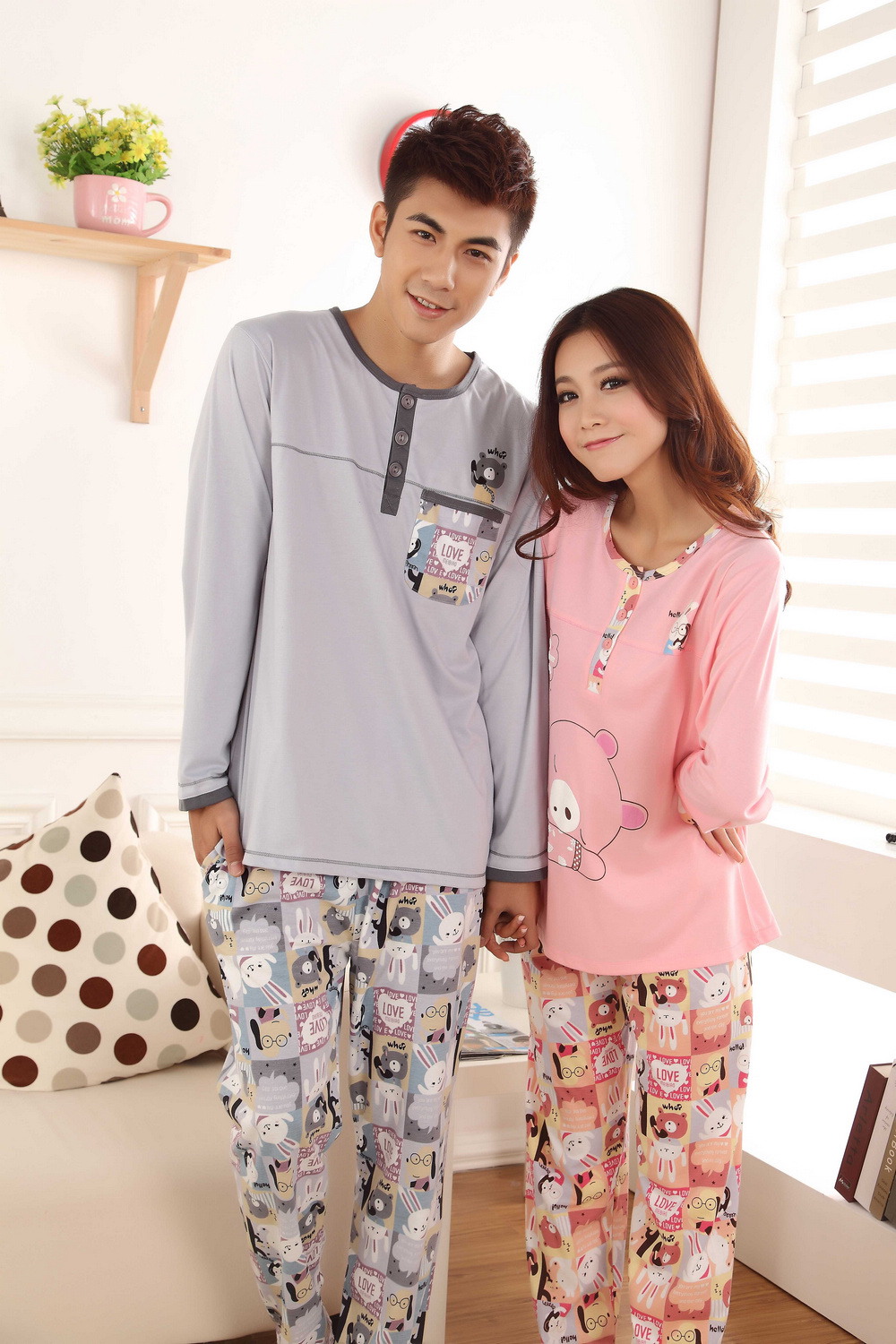 Lovers sleepwear spring and autumn long-sleeve 100% cotton sleepwear cartoon male women's set o-neck lounge