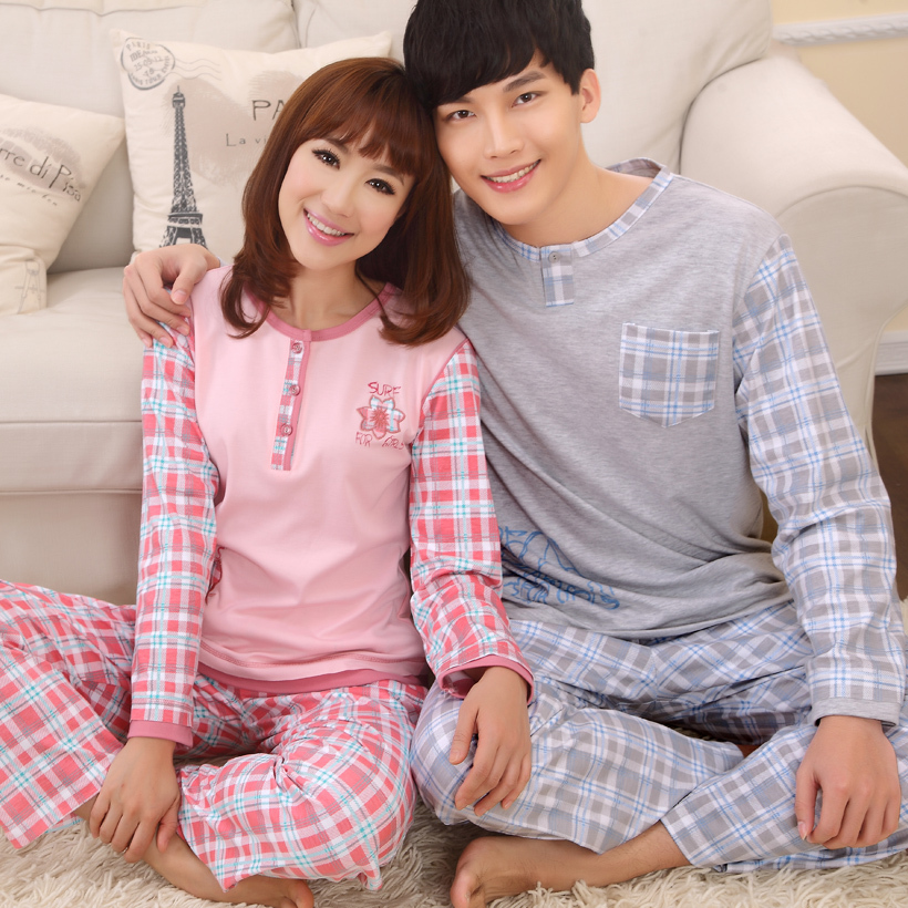 Lovers sleepwear spring and autumn male women's 100% long-sleeve cotton sleepwear plaid casual lounge set