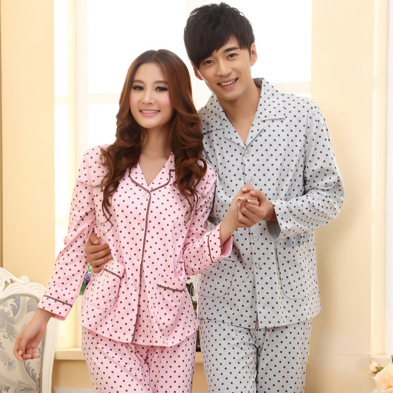 Lovers sleepwear spring and autumn male women's long-sleeve cotton at home service casual set dot lounge