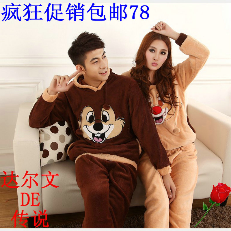 Lovers sleepwear thickening coral fleece sleepwear cartoon squirrel set lounge