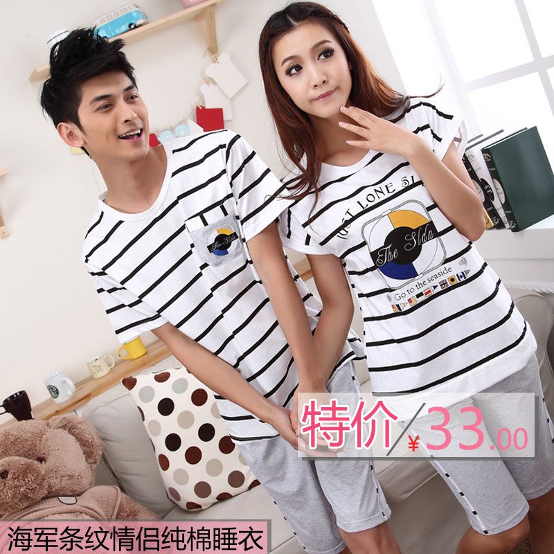 Lovers summer sleepwear 100% cotton summer male sleepwear female short-sleeve stripe lounge female set