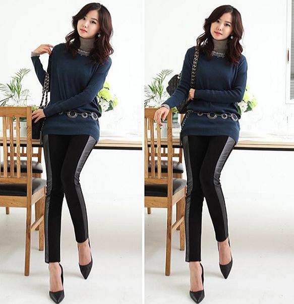 (low) Autumn and winter female personality faux leather patchwork thermal elastic tight legging