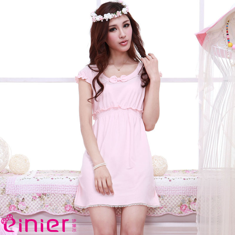 Low collar bubble short-sleeve high waist Women lounge one-piece dress nightgown 811c176 illusion