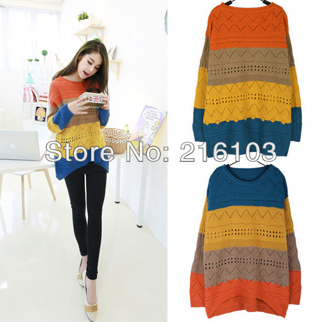 Low! Cute Crew Neck Long Sleeve Oversized Striped Sweater Jumper Top NO.0211