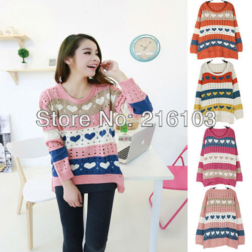 Low! Cute Crew Neck Long Sleeve Striped Heart Partten Hole Sweater Jumper NO.0210