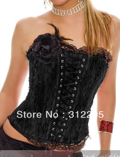 Low Price Mix Colors S,M,L,XL 5pcs/lot Fashion With Flower Black Sexy Corsets With Thong