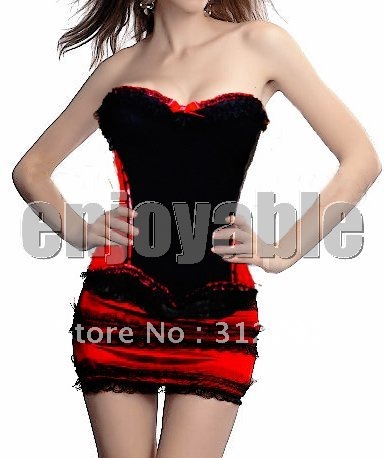 Low Price Mix Size New Fashion S,M,L,XL Silk Red Both Sides Sexy Corsets With Mini Skirt,High Qualtiy!