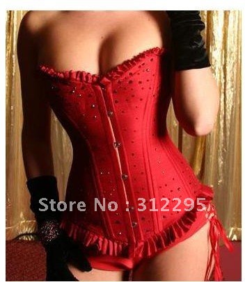 Low Price Mixed Size 6pcs/lot L001 New Red With Rhinestone Sexy Corsets Top With Panty