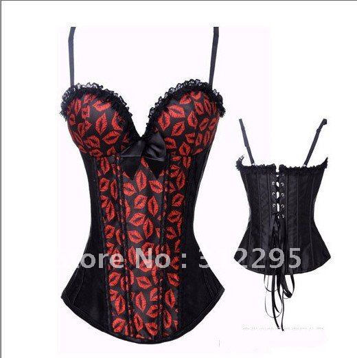 Low Price Mixed Size 6pcs/lot L091 Popular Black Kiss Pattern Sexy Corsets Top With Panty Freeship