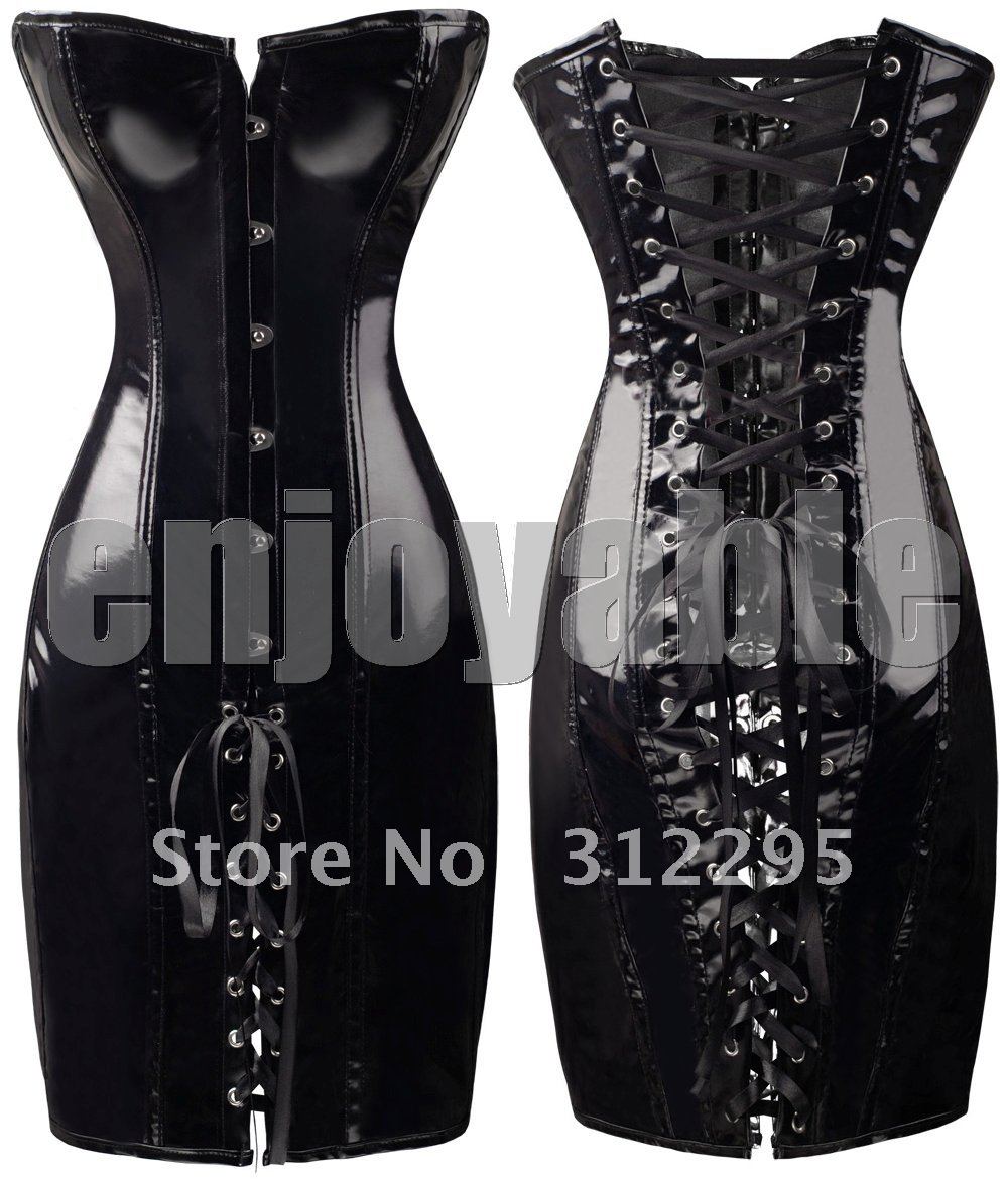 Low Price New Fashion S,M,L,XL PVC Leather Solid Black Sexy Corsets Bustiers With Thong,High Qualtiy!