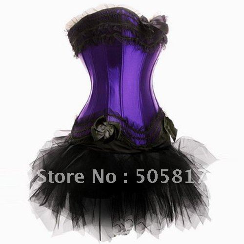 Lower Price Free shipping Sexy Lingerie dress Overbust corset shaper Zipper +mini tutu skirt white black purple red pink QM070