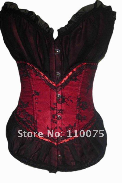 Lowest Price--Welcome wholesale--2 Color--Sexy Red Black Lingerie Steel Boned Corset Bustier G-string Lace-up Ruffle S M L XL