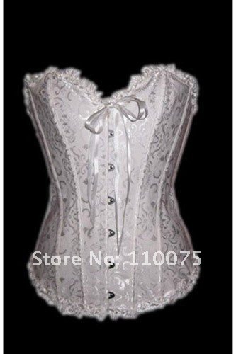 Lowest Price--Welcome wholesale--2 Color--White Brocade Satin Steel Boned Corsets Bustiers Sexy Lingerie G-string Size S M L XL