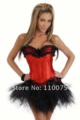 Lowest Price--Welcome wholesale--3 Color -Red Black Boned Basque Corset Bustier&Tutu Mini skirt Lace-up G-string Size S M L XL