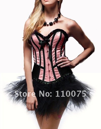 Lowest Price--Welcome wholesale---4 Color Sexy Lingerie Sexy Pink Gothic Steel Boned Lace Corset Bustier&Tutu skirt+G-string