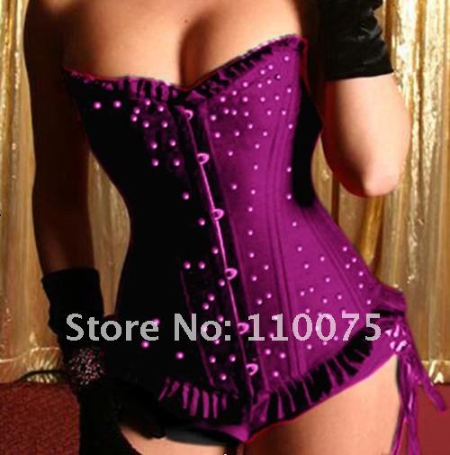 Lowest Price--Welcome wholesale--4 Color Sexy Purple Steel Boned Gothic Lace-up G-string Corsets Bustiers Crystal Size S/M/L/XL