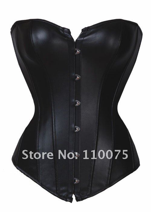 Lowest Price--Welcome wholesale--Sexy Lingerie Steel Boned Gothic Busk Black Leather Corset Bustiers+G-string Lace Size S/M/L/XL