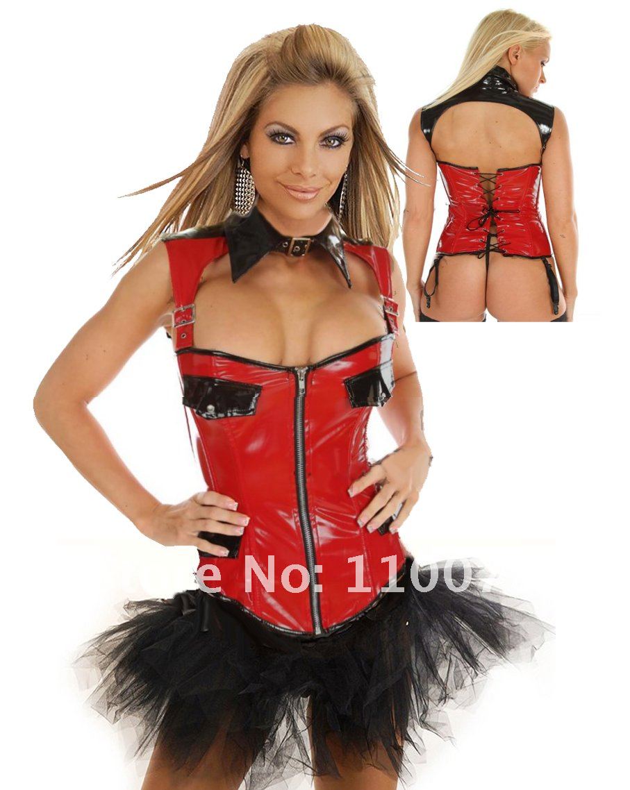 Lowest Price--Welcome wholesale--Sexy Red Black Lingerie Halter Lace-up Boned PVC Corsets Bustiers Tutu Skirt G-string S M L XL