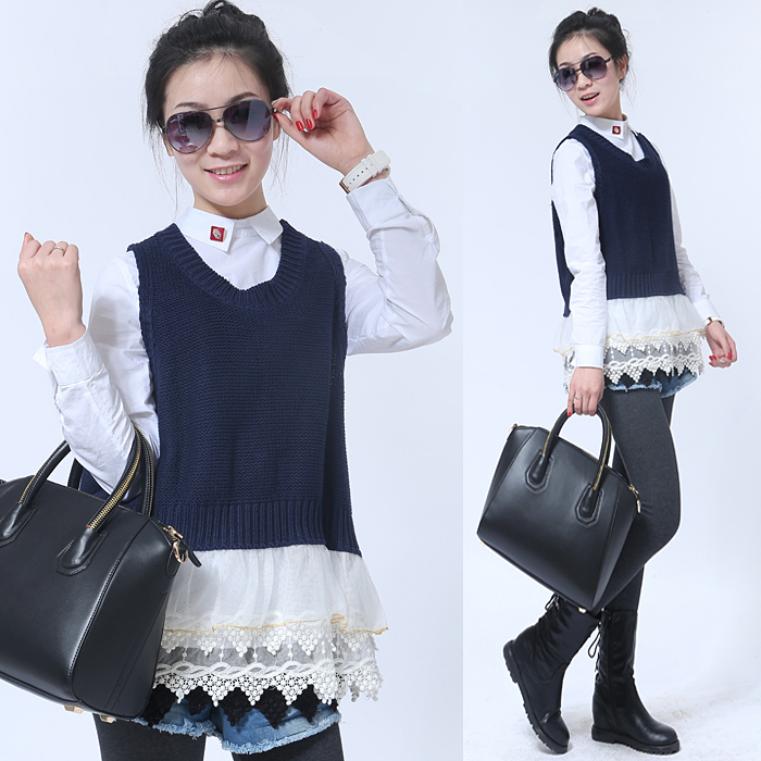 Ls8810c patchwork lace 2013 spring women's all-match slim vest sleeveless sweater