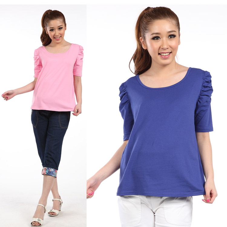 LUCKBAO spring and summer maternity clothing fashion knitted 100% cotton puff sleeve maternity top T-shirt summer