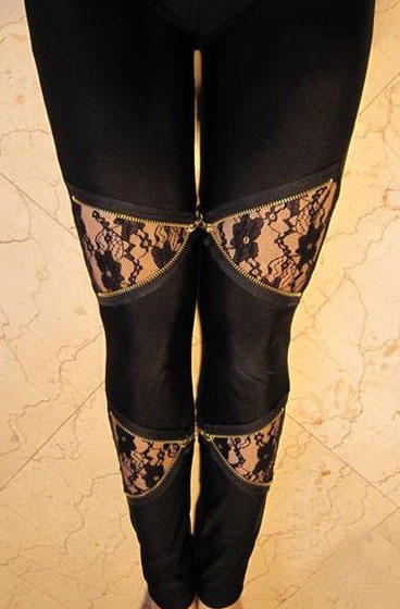 LuLu Black lace decoration zipper slim legs fashion 9 legging socks 7706