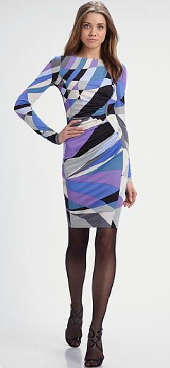 Luxious Brand High Fashion Women's Long sleeves Geometric  Print With Sashes Sheath Jersey Silk Formal Dress