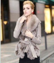 Luxurious Fox Fur Collar Lace-Up All Match Leather Coat Light Grey HN12081610-3