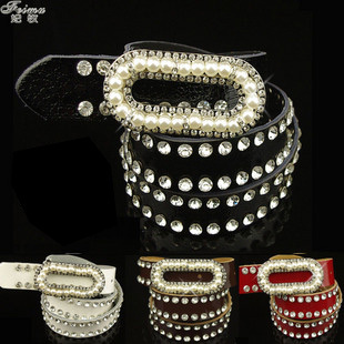 Luxurious pearl diamond smooth buckle women's strap decoration ladies genuine leather cowhide belt diamond decoration