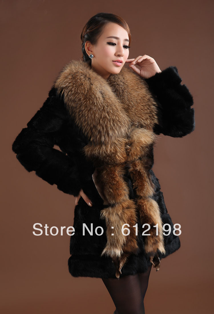 Luxurious Rabbit fur coat raccoon round fur collar for Women long slim lady's outerwear  XXL  PC-018