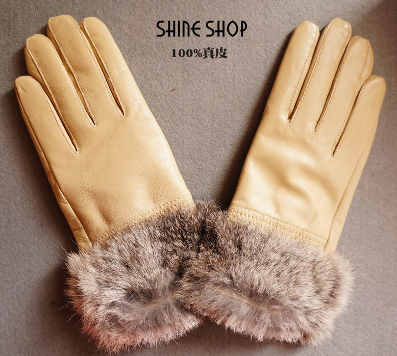 Luxurious rabbit fur genuine leather sheepskin women's gloves plus velvet thermal botticing