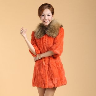 luxury 2012 winter women rabbit fur collar coat medium long three-quarter sleeve lady cardigan jacket XXXL tailored EW0925