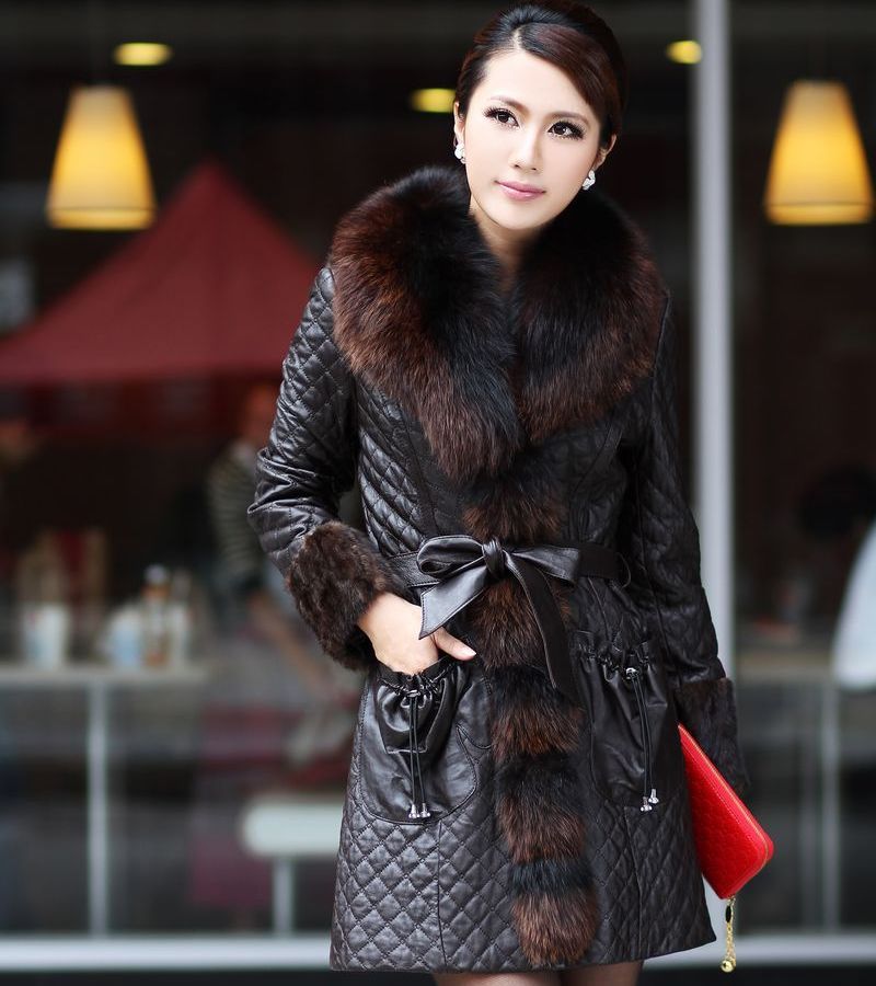 Luxury Genuine Sheepskin Leather Mink Fur Patchwork Long Coat With Fox Fur Collar Leather Quilted Lining Winter Outerwear LA0008