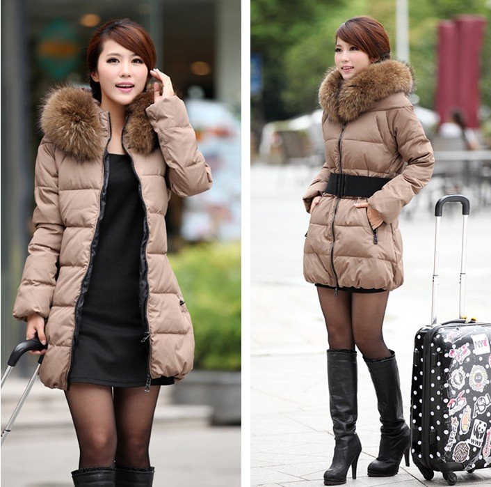 Luxury large fur collar slim medium-long down coat Women down coat