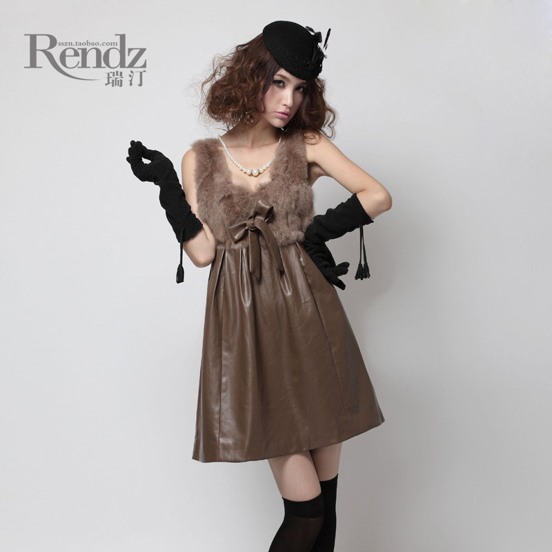 Luxury leather 2013 PU bow rabbit fur 9079 one-piece dress SS83