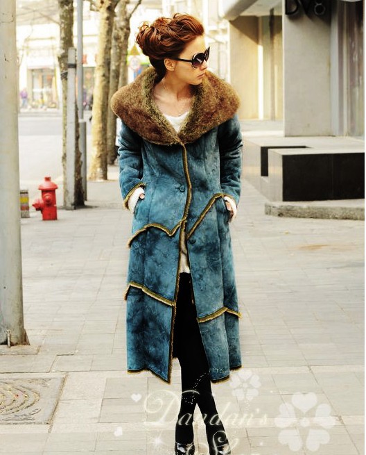 Luxury  Leather Fur Long Coat for Women Tie-dye Blue Faux Fur Long Jackets for Women