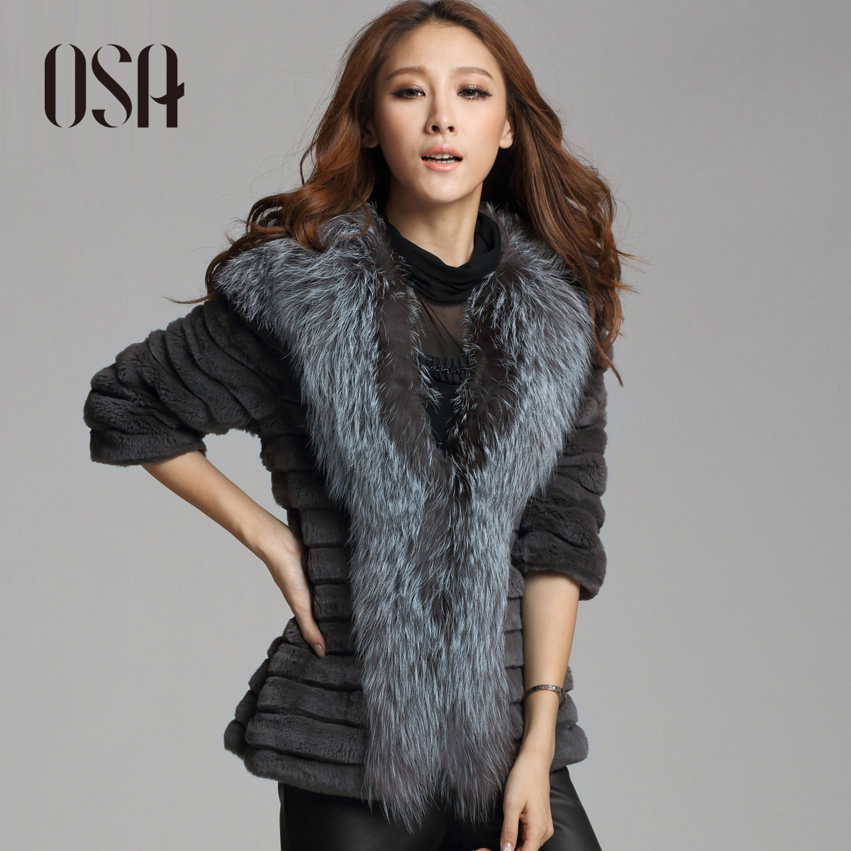 Luxury osa2012 wind rex rabbit hair three quarter sleeve V-neck women's g23956 fur coat