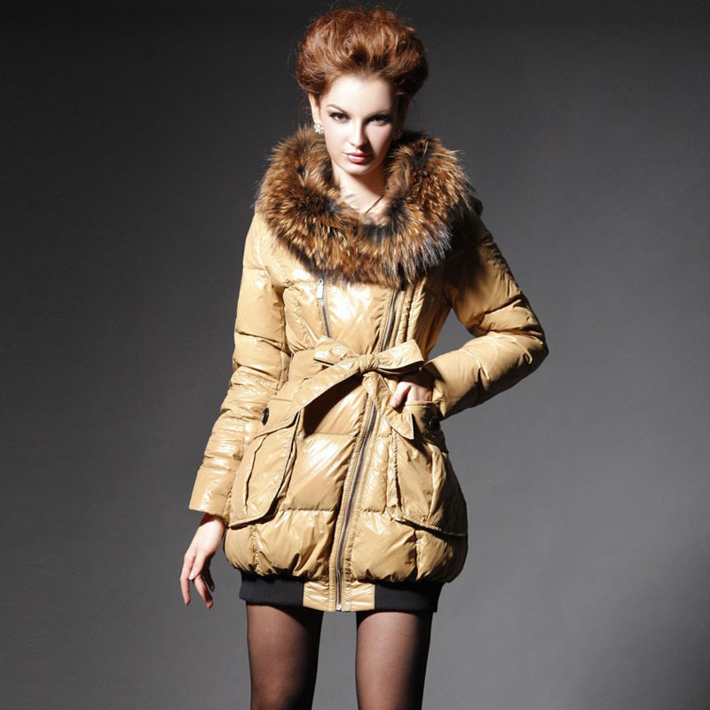 Luxury raccoon fur slim thickening medium-long down coat women female