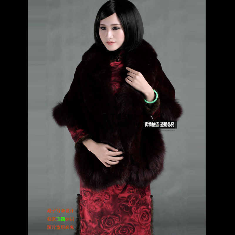 Luxury rex rabbit cashmere cape fox fur big fur