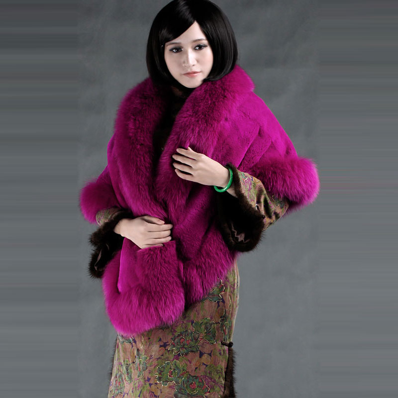 Luxury rex rabbit cashmere cape fox fur big fur