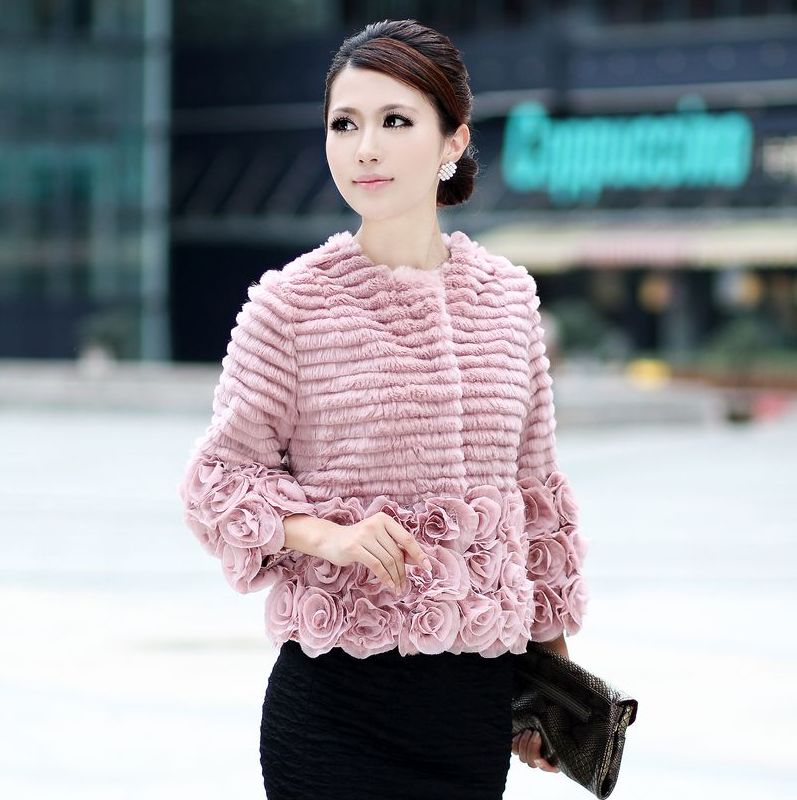 Luxury Rex Rabbit Fur Coat O-neck Three Quarter Sleeve Flower Decoration Short Women Winter Outwear 5 Colors LA0014