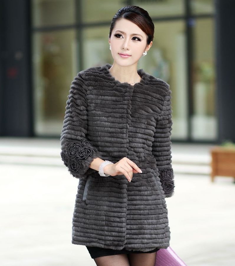 Luxury Rex Rabbit Fur Coat  O-neck  Three Quarter Sleeve With Flower Decoration Women Winter Outwear 2 Color LA0012