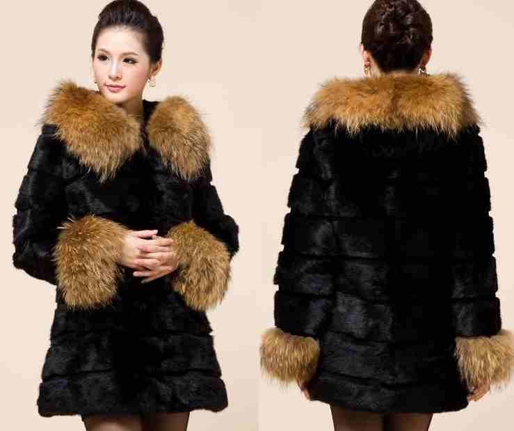 Luxury Rex Rabbit Fur Long Outerwear With Raccoon Fur Collar and Cuff For Women Genuine Fur Coat Fashion 2012 LA0007