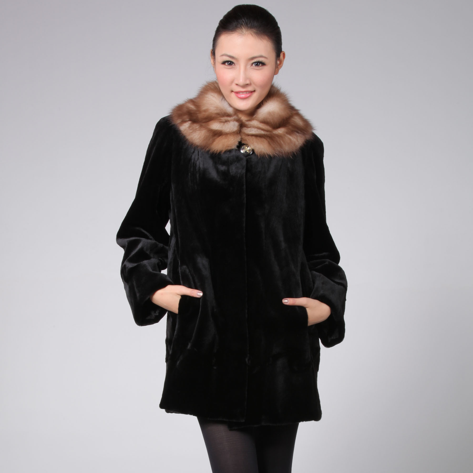 Luxury women's mink fur coat gold medium-long marten velvet overcoat m2052