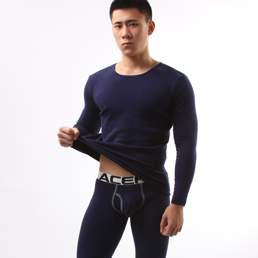 lycra cotton slim thermal underwear set plus velvet thickening navy blue 303-la59