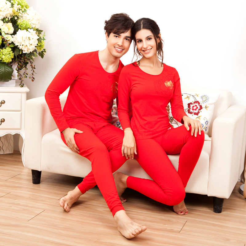 Lycra material print o-neck solid color single tier thermal underwear lovers design set