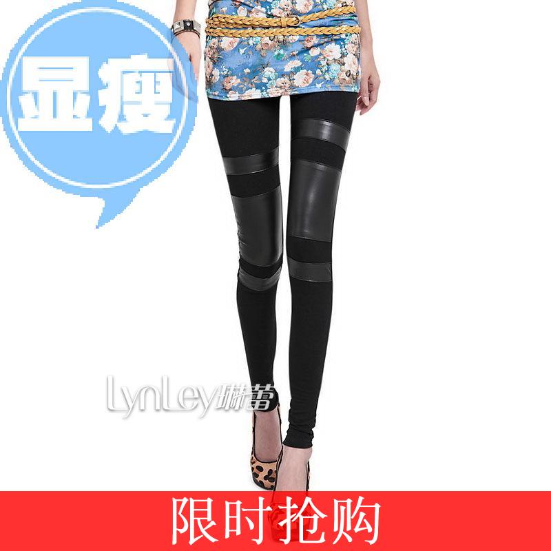 Lynley summer female summer legging black ring faux leather cotton cloth patchwork